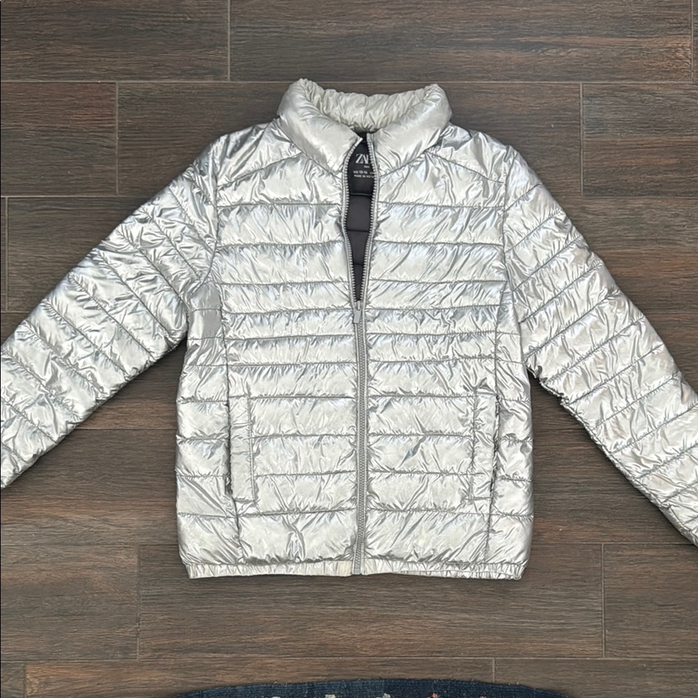 Zara Silver Puffer Jacket with Stand-Up Collar